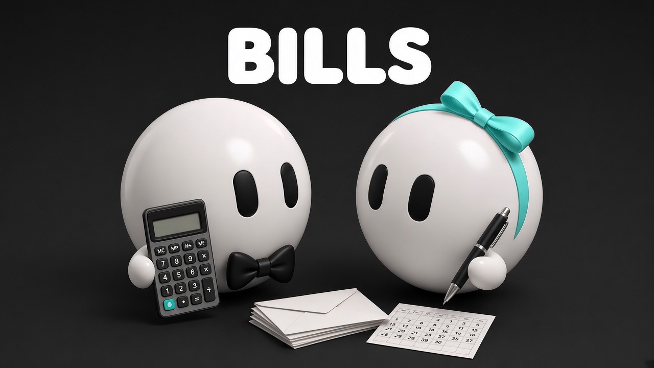 Bills list card: two bots with a calculator, envelopes and a calendar