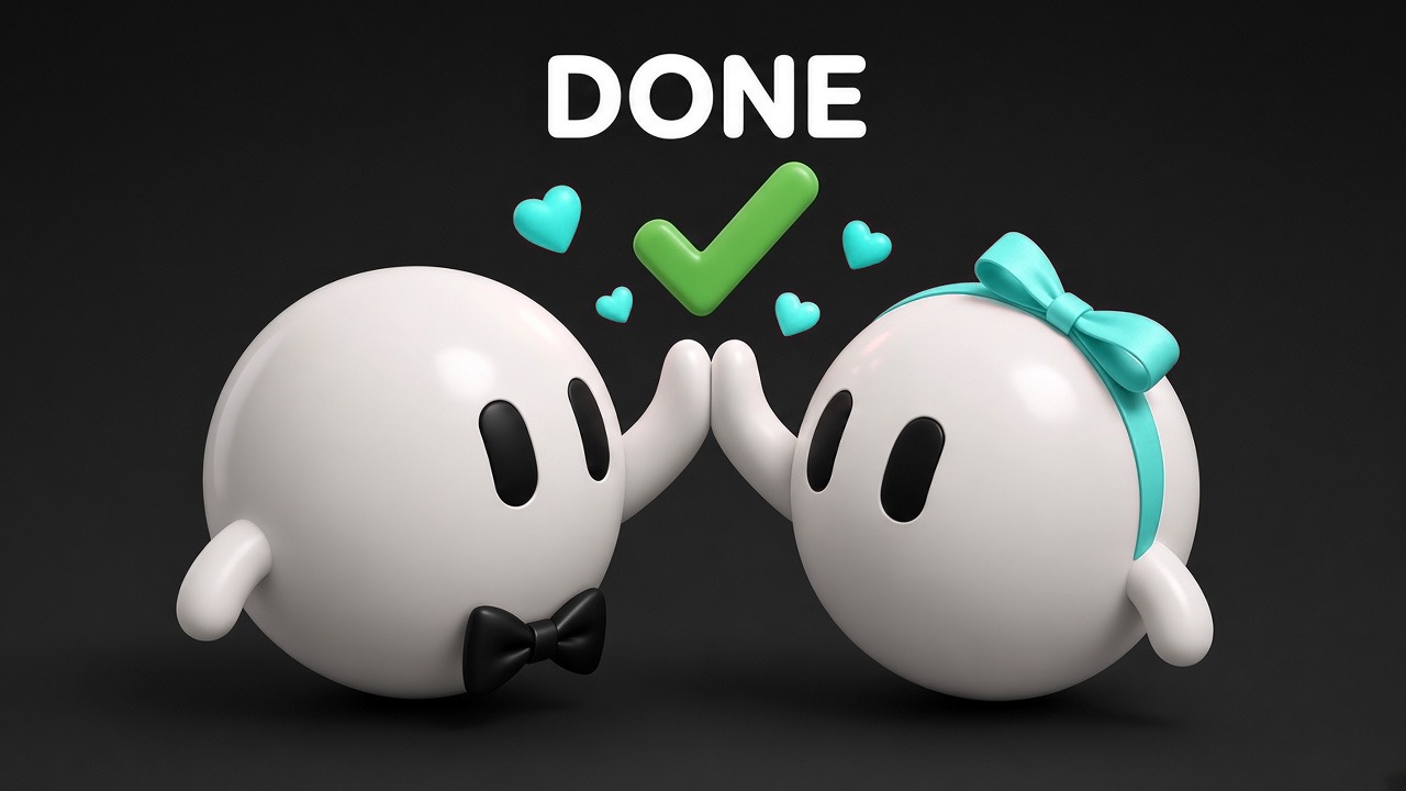 Done list card: two bots with a checkmark