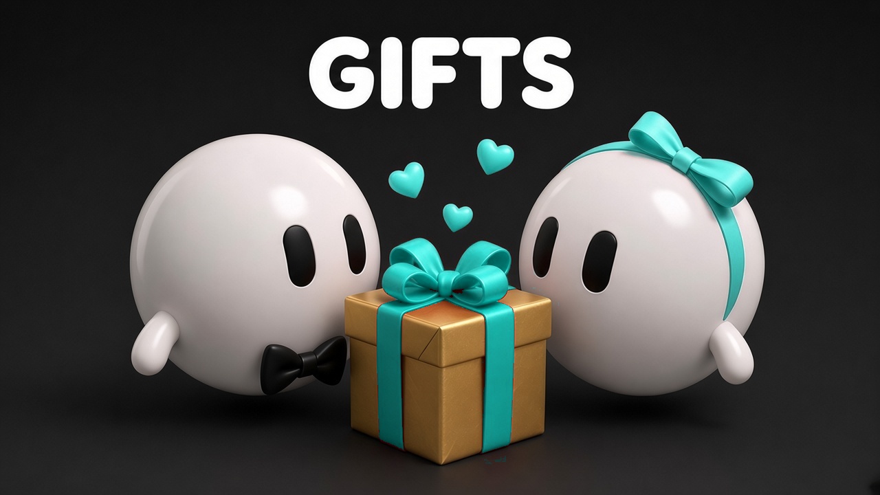 Gifts list card: two bots with a wrapped gift