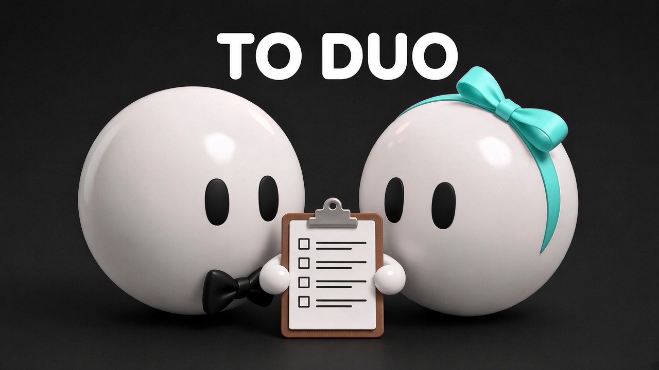 To Duo list card: two bots with a clipboard checklist